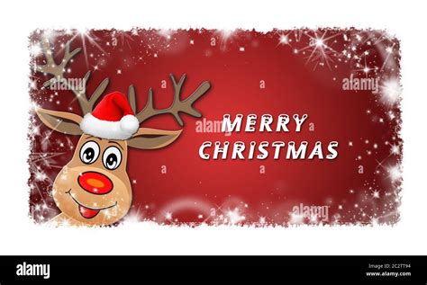 Christmas background red with smiling reindeer and text Merry Christmas Stock Photo - Alamy