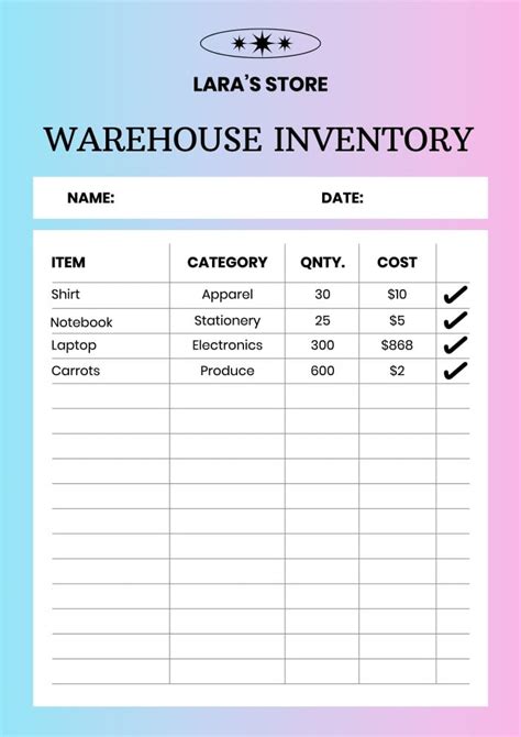 Personalize this Gradient Company Warehouse Inventory Checklist layout online