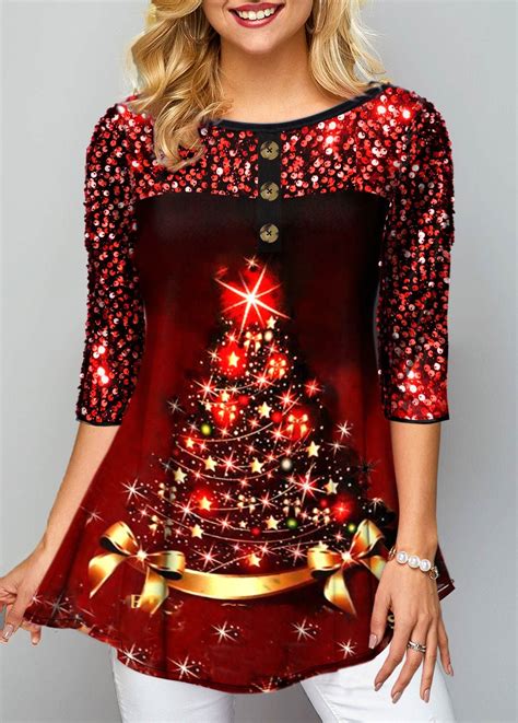 Christmas Tree Print Sequin Embellished T Shirt | Trendy tops for women, Straight clothes ...