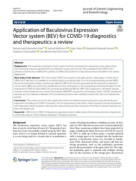 (PDF) Application of Baculovirus Expression Vector system (BEV) for COVID-19 diagnostics and ...