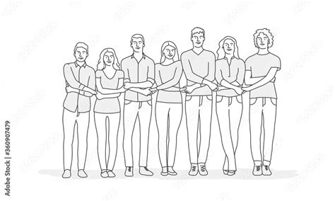 Group of people holding hands support team unity. Line drawing vector illustration. Stock Vector ...