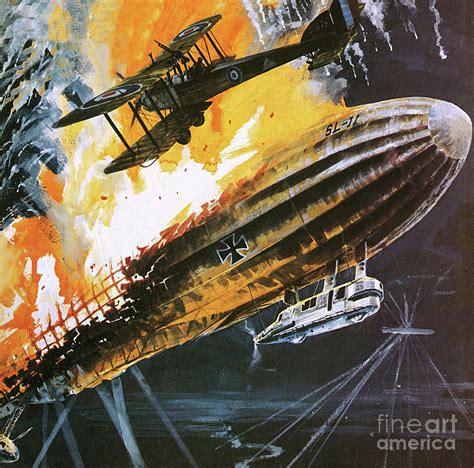 Shooting Down A Zeppelin During The First World War Painting by Wilf Hardy