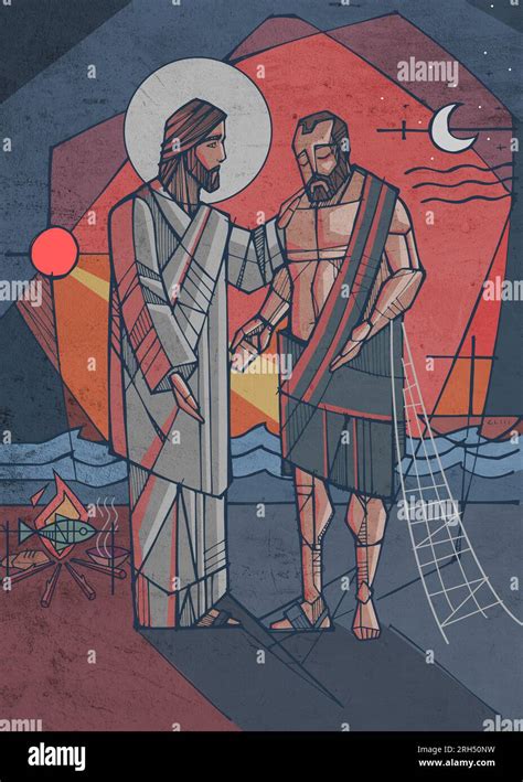 Hand drawn vector illustration or drawing of Jesus and Peter Stock ...