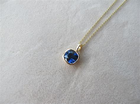 Blue Sapphire Square 14k Gold Necklace- Cushion Sapphire Simple Necklace-Lab Dark Blue Sapphire ...