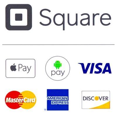 Logos of credit cards that are accepted including Apple Pay, Android Pay, Visa, Master Card ...