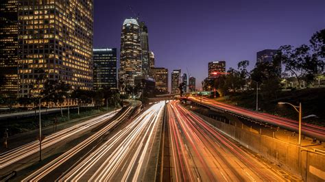 View of buildings with road during night time, highway 110, los angeles HD wallpaper | Wallpaper ...