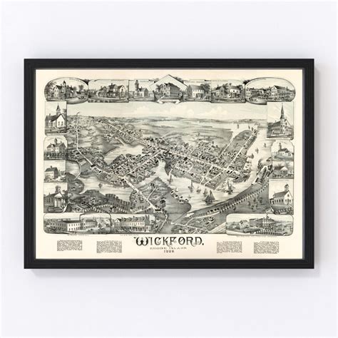 Wickford Map 1888 Old Map of Wickford Rhode Island Art Vintage Print Framed Canvas Bird's Eye ...