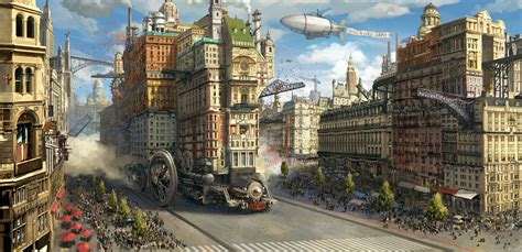 cityscape, airships, steampunk, fantasy city, digital art, SY-37, fantasy art, landscape, HD ...