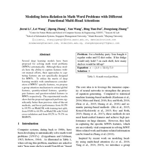 Modeling Intra-Relation in Math Word Problems with Different Functional Multi-Head Attentions ...