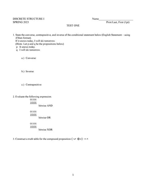 Exam I Study Guide - proposition, converse, inverse, contrapositive, bitwise, truth table ...