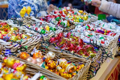 Various Decorations and Souvenirs on Christmas Market. Xmas Fair ...