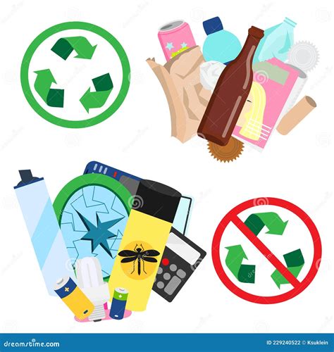 Recyclable And Non Recyclable Waste. Types Of Trash And Garbage With Recycling Sign Vector ...