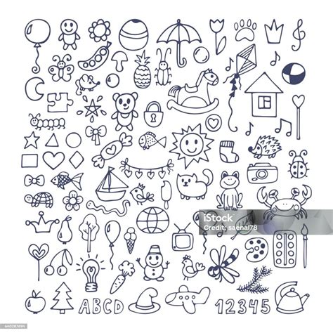 Collection Of Hand Drawn Cute Doodles Doodle Children Drawing Stock ...