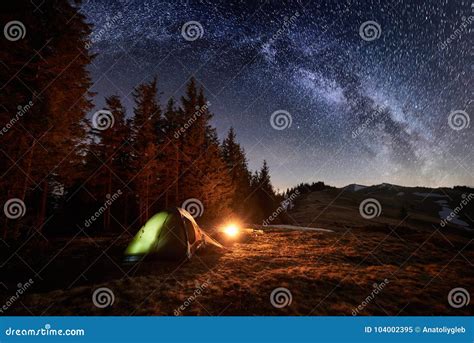 Night Camping. Illuminated Tent and Campfire Near Forest Under Night ...