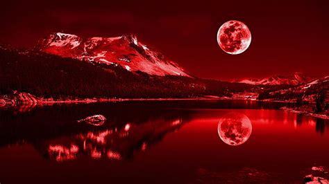 Landscape View Of Mountains Red Moon Sky Background Reflection On Water ...