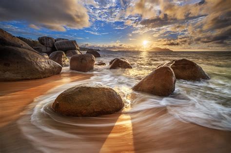 photography, Rocks, Beach, Long exposure, Sea, Clouds Wallpapers HD / Desktop and Mobile Backgrounds