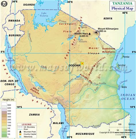 Physical Map of Tanzania