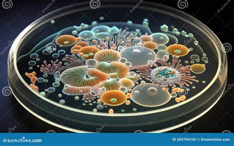 Bacteria and Molecules in a Petri Dish. Abstract Growth Under a Microscope. Science, Biology ...