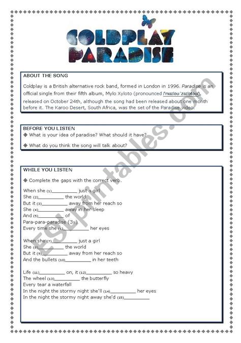 Paradise - song by Coldplay - ESL worksheet by flaviabass