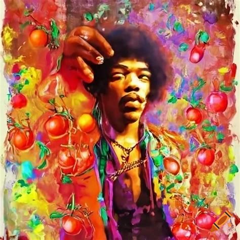Colorful painting with floating tomatoes and jimi hendrix dancing on Craiyon