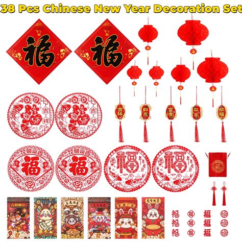 2023 Chinese New Year Decorations Set, 38 PCS Lunar New Year Decor Red Paper-cuts Lanterns ...