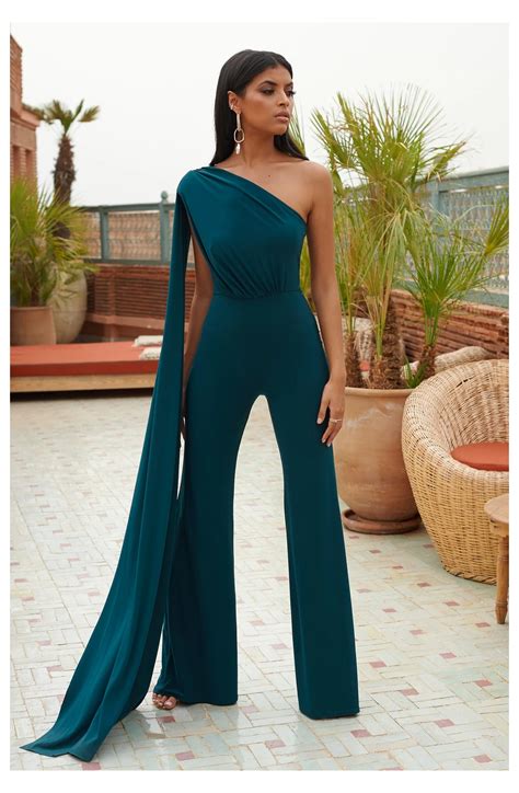 Deep Green One Shoulder Cape Sleeve Jumpsuit #jumpsuit #with #cardigan ...