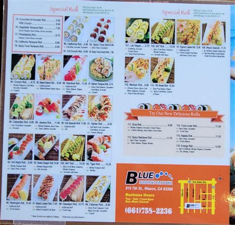 Menu at Blue Sushi&Teriyaki restaurant, Wasco