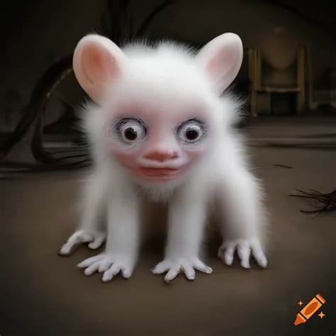 Photorealistic small autism creature with white fur, quadrupedal, big innocent black eyes, sad ...