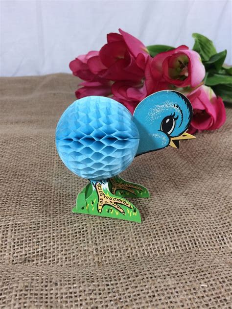 Vintage Easter Decor 1950's Blue Easter Chick Die Cut Accordion Tissue Honeycomb Mechanical ...