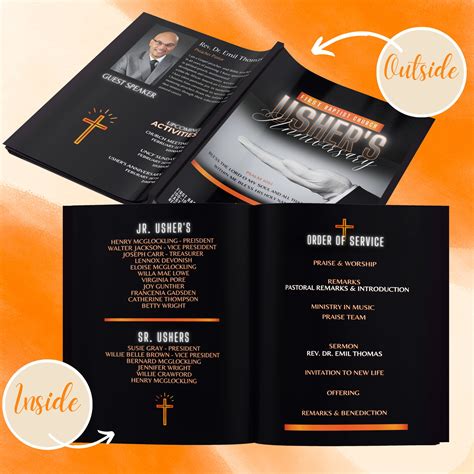 Usher Anniversary Program Bulletin Template black, White & Orange 11 X 8.5 CANVA PRO Editable ...