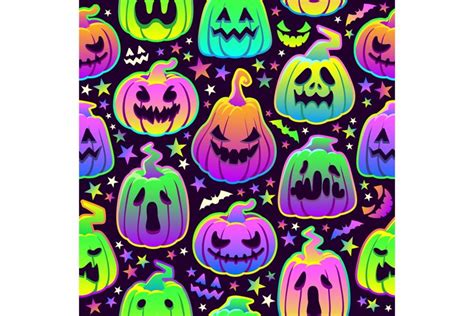 Neon pumpkin pattern. Halloween pumpkins seamless backgroun