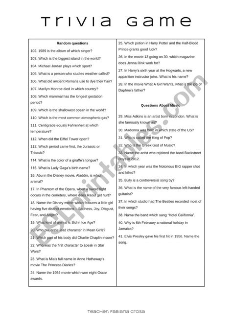 Trivia Game - ESL worksheet by antigona23