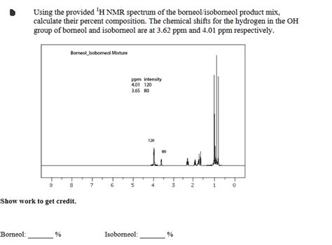 SOLVED: Using the provided 'H NMR spectrum of the borneolisoborneol product mix; calculate their ...