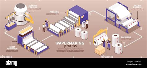 Paper manufacturing process isometric infographic narrow banner from pulping to pressing drying ...