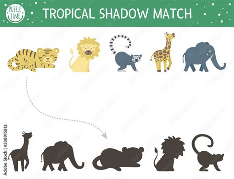 Tropical shadow matching activity for children. Preschool jungle puzzle. Cute exotic educational ...