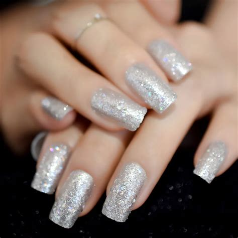 Transparent Acrylic Artificial Nails Silver Glitter Pre designed Finger ...