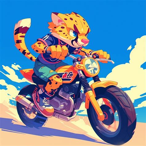Premium Vector | A cheetah on a motorcycle cartoon style