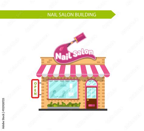 Vector illustration of nice nail salon building. Signboard with big stroke of nail polish brush ...