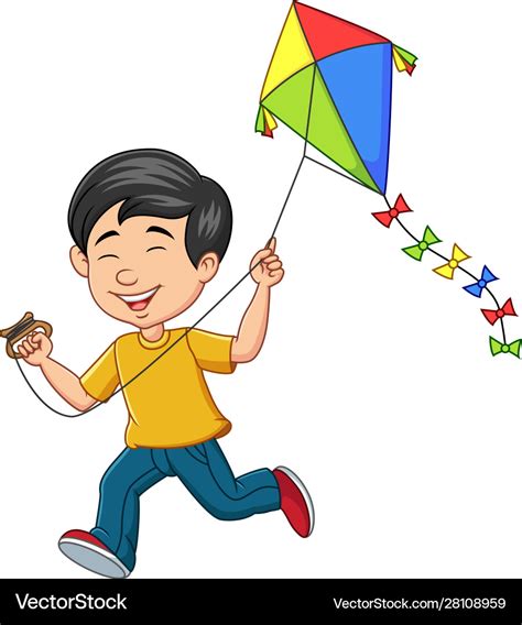 Cartoon happy boy playing kite Royalty Free Vector Image