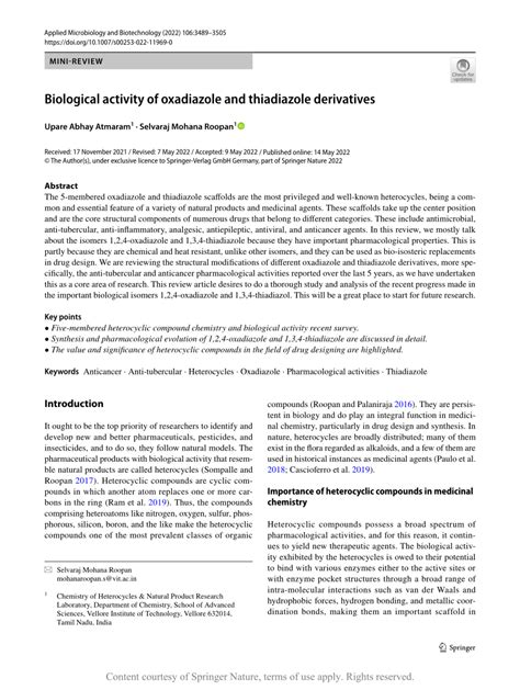 Biological activity of oxadiazole and thiadiazole derivatives | Request PDF