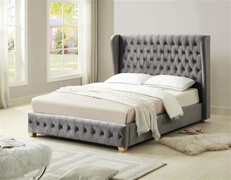 Grey velvet high headboard double bed - Homegenies