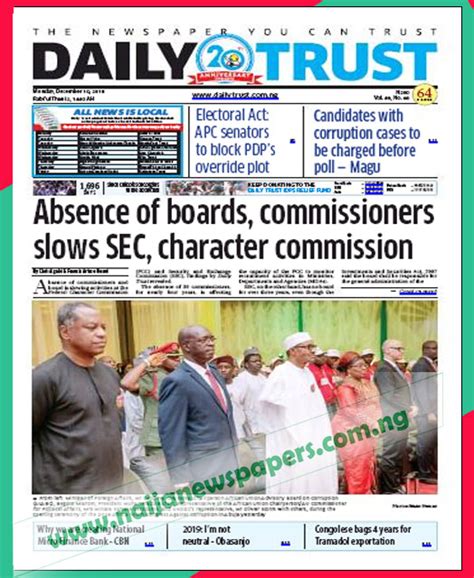 Nigerian Newspapers Front Page Headlines, Monday 10th December 2018 ...