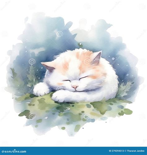 Watercolor Illustration of Cute a Cat Sleeping on Watercolor Background ...