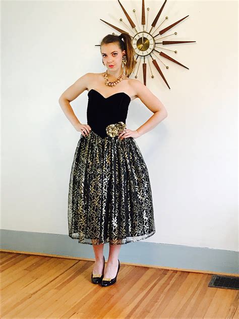 Black & Gold Party dress, 80s Gunne Sax Dress, Vintage Prom dress, Metallic Lace Bows, Strapless ...