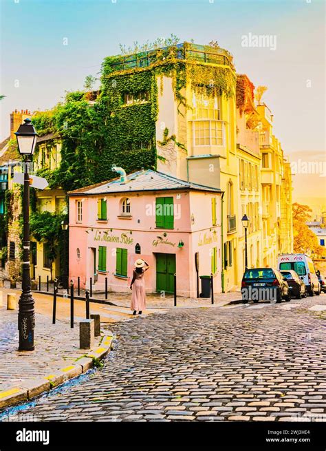 Paris France Streets of Montmartre in the early morning with cafes and ...