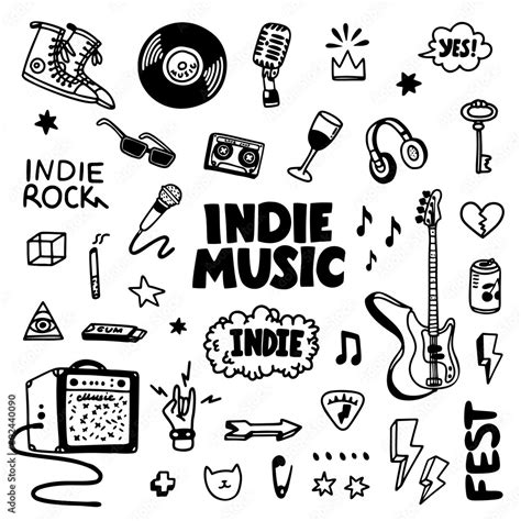 Indie rock music tatoos set. Black and white illustration of music ...