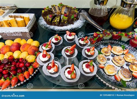 Sweet Milk and Berry Desserts at Breakfast Buffet in a Hotel Stock ...