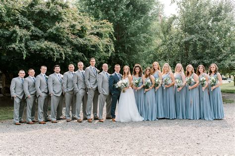 Dusty blue wedding bridesmaids dresses Grey suits groomsmen | Wedding bridesmaids dresses blue ...