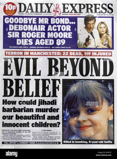 British newspaper headline and front page, during the days following the 22 May 2017, suicide ...