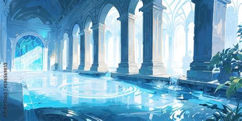 anime style background, architecture, blue, mosque, crystal, ice, cold, frozen, interior, hall ...